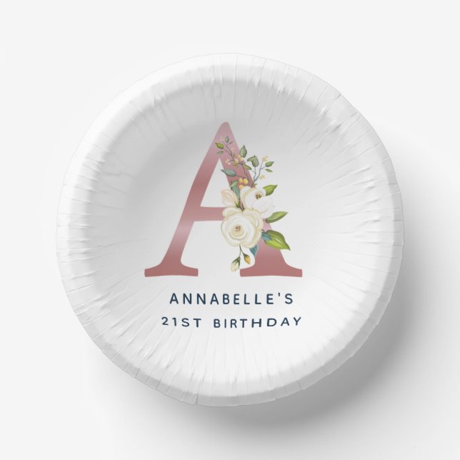 Floral Monogram Rose Gold Initial  21st Birthday Paper Plate (Front)
