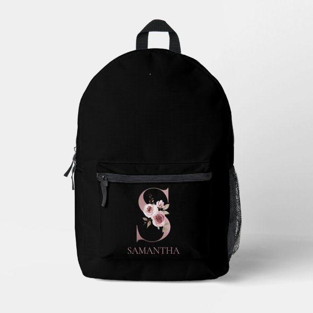 Floral Monogram S Name  Printed Backpack (Front)