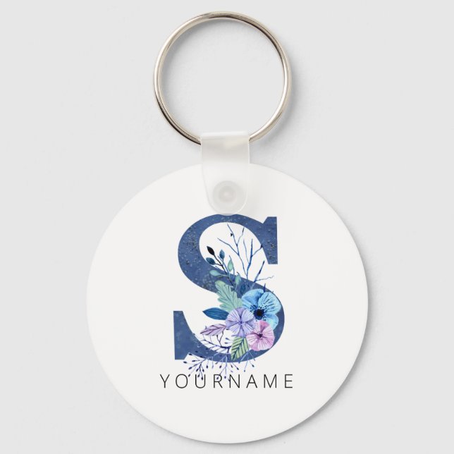 Floral Monogram S Winter Blue Blossoms Key Ring (Front)