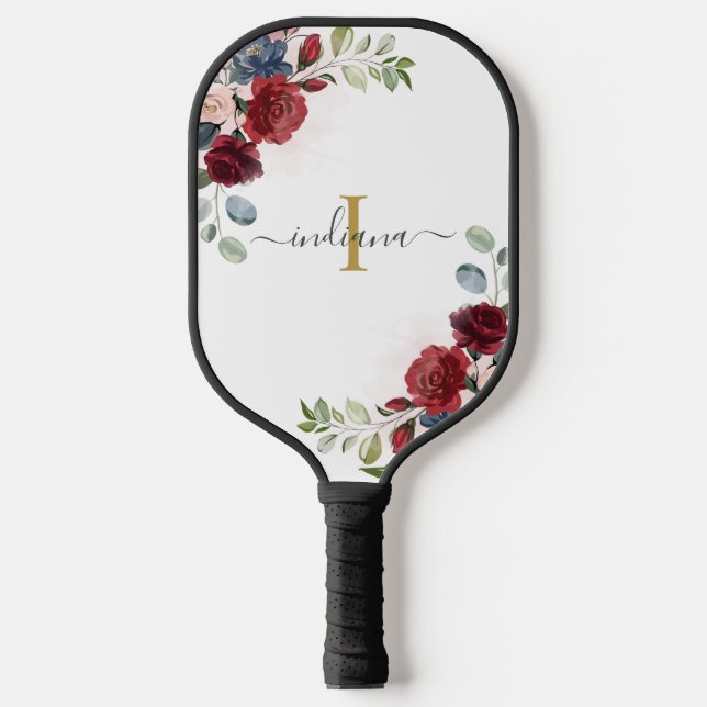 Floral Monogram Script Initial Name Burgundy Pickleball Paddle (Front)