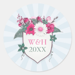 Floral monogram shield classic round sticker