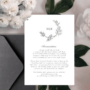 Floral Monogram Sketched Wreath Wedding Details Enclosure Card