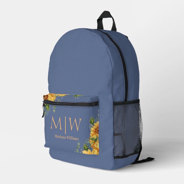 floral monogram sunflowers yellow blue nova chic printed backpack (Back Corner Right)