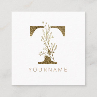 Floral Monogram T Elegant Gold Foliage Square Business Card