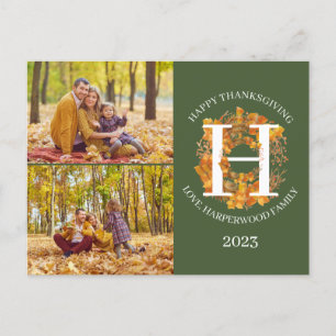 Floral Monogram Thanksgiving Family photo Collage Holiday Postcard