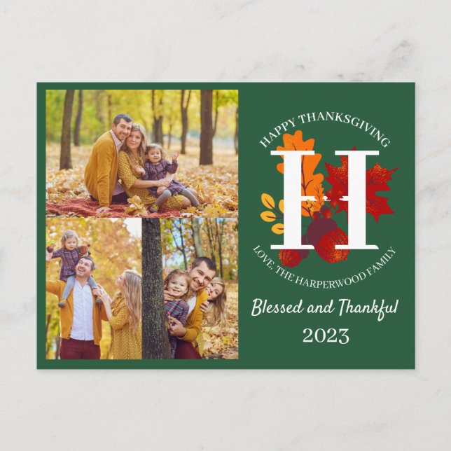 Floral Monogram Thanksgiving Family photo Collage  Holiday Postcard (Front)
