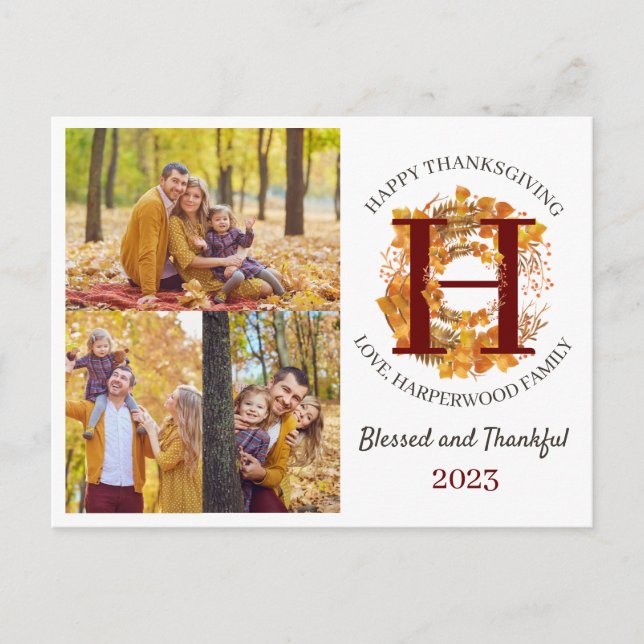 Floral Monogram Thanksgiving Family photo Collage  Holiday Postcard (Front)