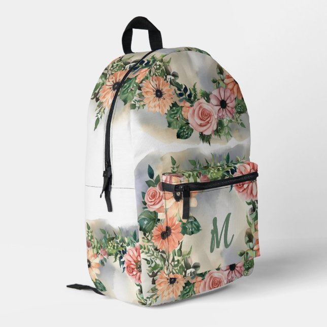 Floral Monogram Travel Elegant Watercolor Garden Printed Backpack (Back Corner Left)