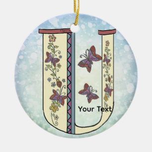 floral Monogram U  Ceramic Ornament