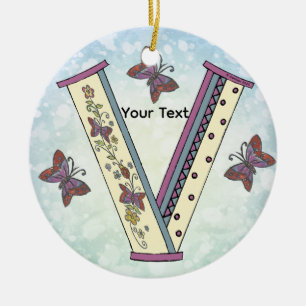 floral Monogram V Ceramic Ornament