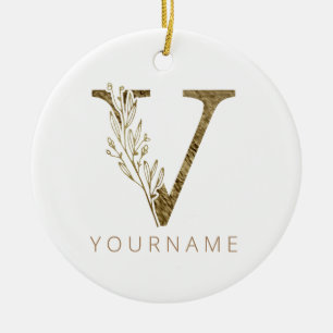 Floral Monogram V Elegant Gold Foliage Ceramic Ornament
