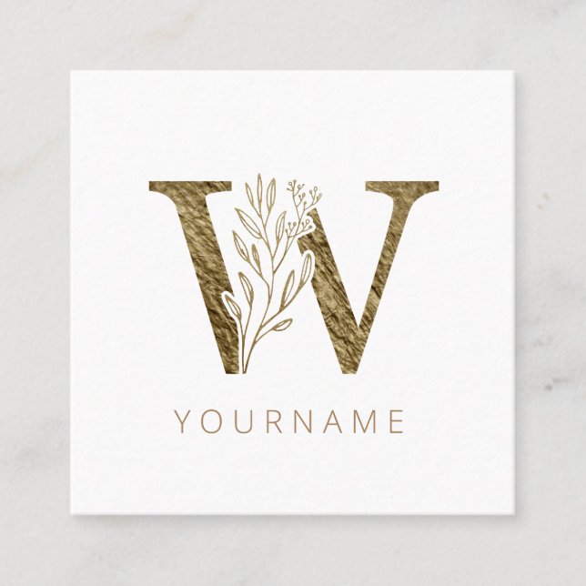 Floral Monogram W Elegant Gold Foliage Square Business Card (Front)
