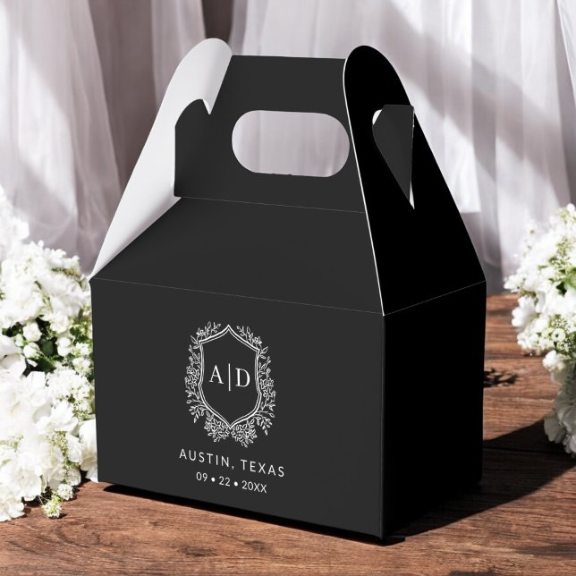 Floral Monogram Wedding Black Crest Modern Favour Box (Creator Uploaded)