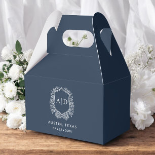 Floral Monogram Wedding Navy Blue Crest Modern Favour Box