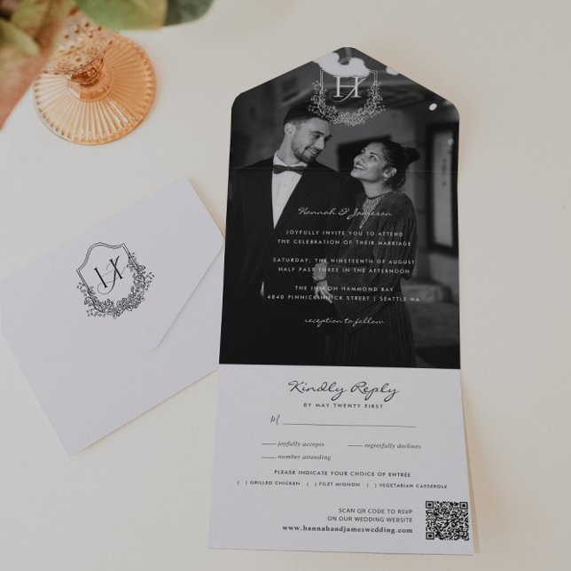 Floral Monogram Wedding Photo QR Code All In One Invitation (Creator Uploaded)