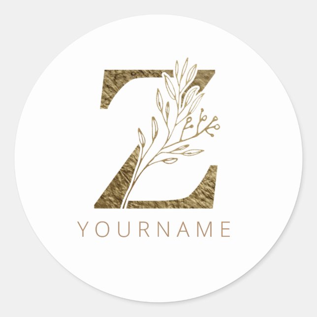 Floral Monogram Z Elegant Gold Foliage Classic Round Sticker (Front)