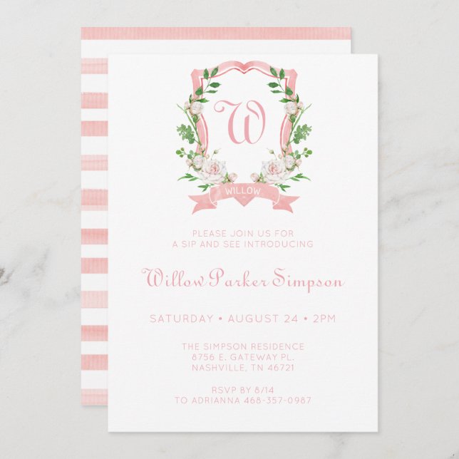 Floral Monogrammed Crest Girl Sip And See Invitation (Front/Back)