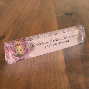 Floral monogrammed luxury vintage glam dusty rose nameplate
