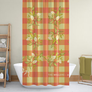 Floral monogrammed name rustic orange gingham shower curtain