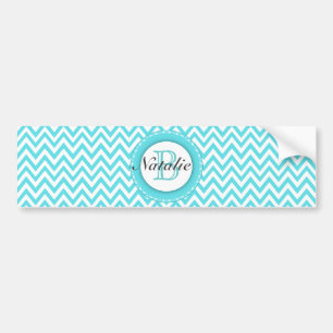 Floral Monogrammed Turquoise Blue Chevron Pattern Bumper Sticker