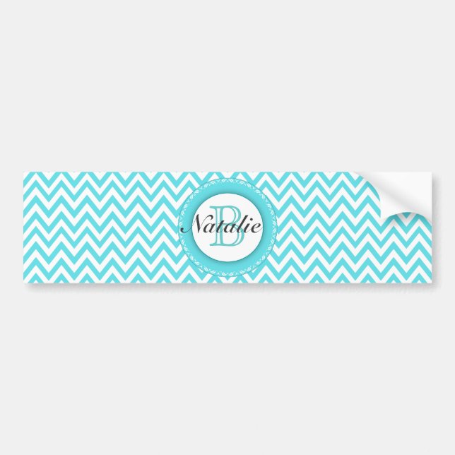 Floral Monogrammed Turquoise Blue Chevron Pattern Bumper Sticker (Front)