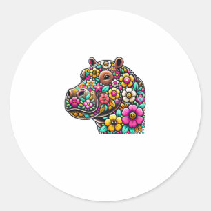 Floral Moo Deng Baby Hippo Hippopotamus Zoo Animal Classic Round Sticker