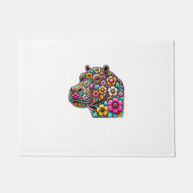 Floral Moo Deng Baby Hippo Hippopotamus Zoo Animal Doormat (Front)