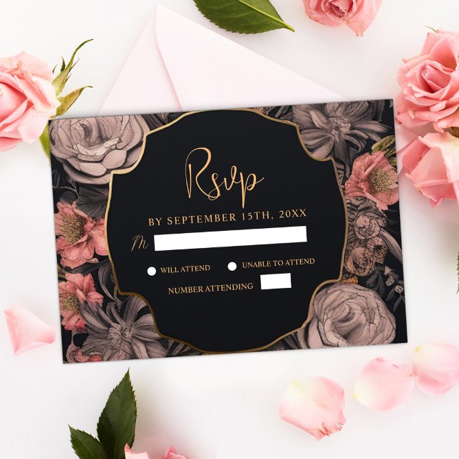 Floral Moody Dark Skull Black Gothic Wedding RSVP Card (Floral Moody Dark Skull Black Gothic Wedding RSVP Card)