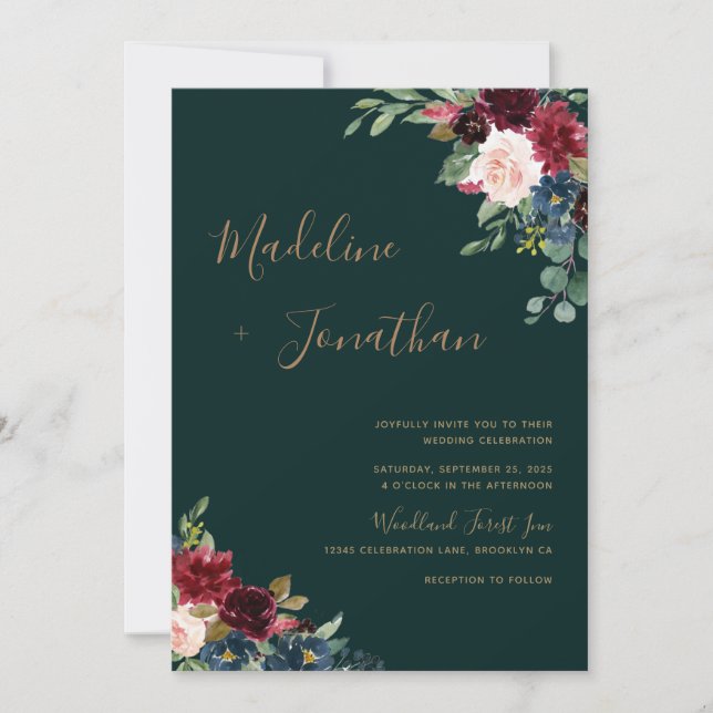 Floral Moody Emerald Green Jewel Tone Wedding  Invitation (Front)