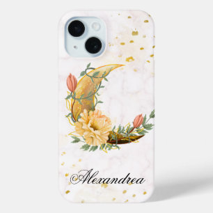 Floral  Moon, Beige and Yellow Graphic iPhone 15 Case
