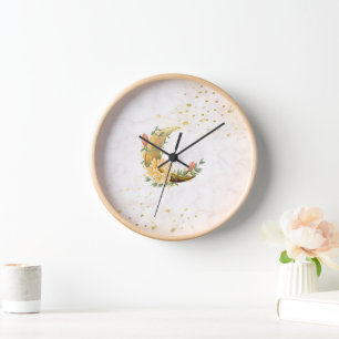 Floral Moon, Beige and Yellow Graphic Clock