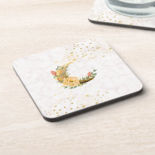 Floral Moon, Beige and Yellow Graphic Coaster