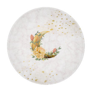 Floral Moon, Beige and Yellow Graphic Cutting Board