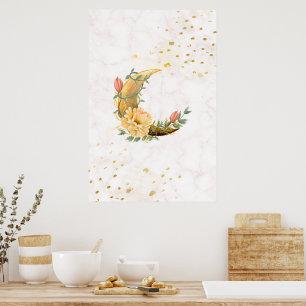 Floral Moon, Beige and Yellow Graphic Poster