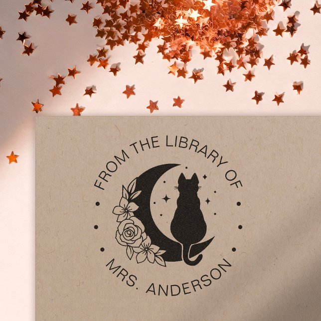 Floral Moon Cat Book Library Teacher Self-inking Stamp (Creator Uploaded)