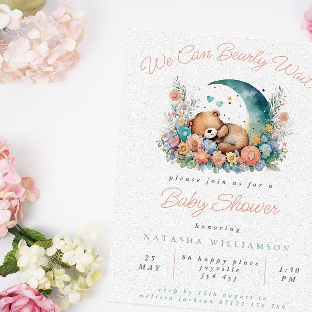 Floral Moon We Can Bearly Wait Baby Shower Invitation (Creator Uploaded)