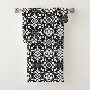 Floral Moroccan Tile, Black and White Bath Towel Set