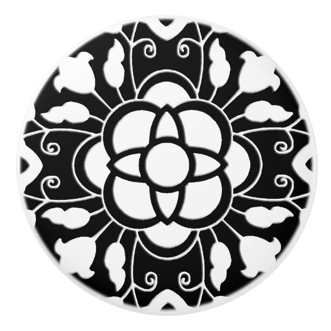 Floral Moroccan Tile, Black and White Ceramic Knob (Front)