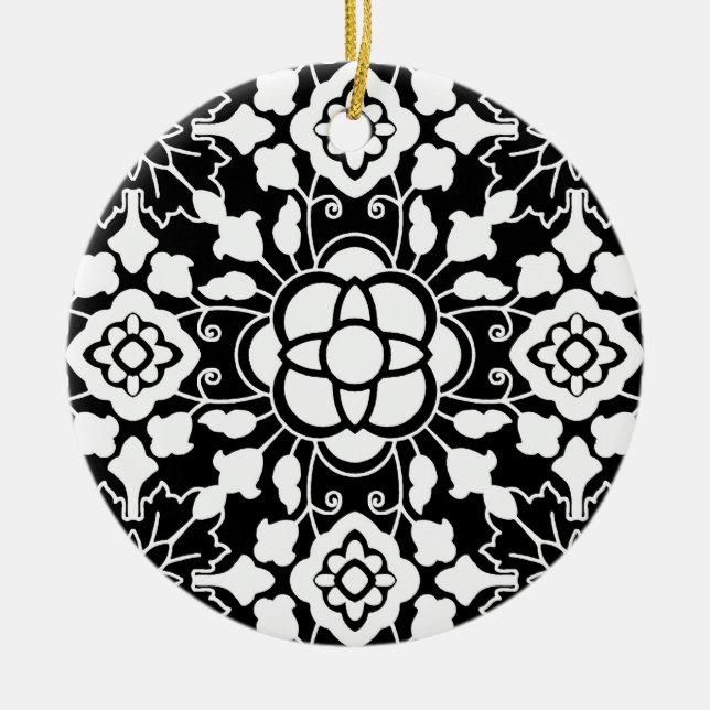 Floral Moroccan Tile, Black and White Ceramic Orna Ornament (Front)