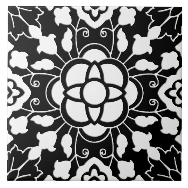 Floral Moroccan Tile, Black and White Ceramic Tile (Front)