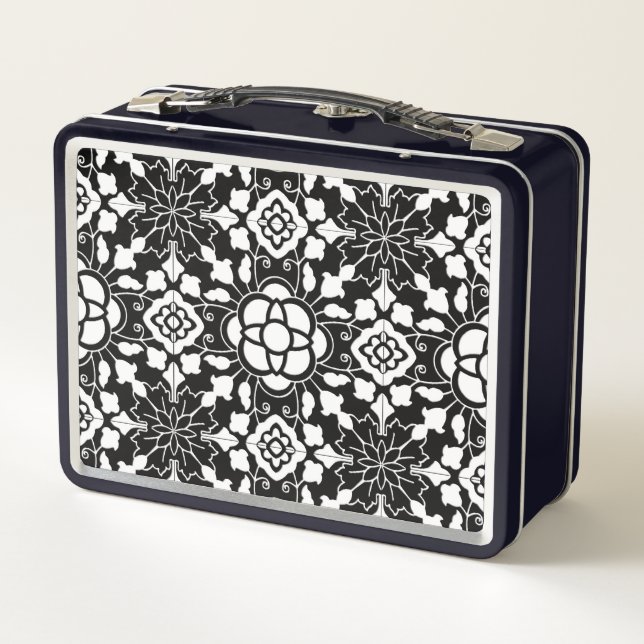Floral Moroccan Tile, Black and White Metal Lunch Box (Back)