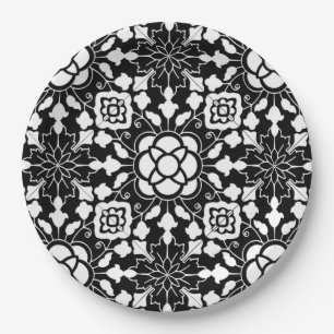 Floral Moroccan Tile, Black and White Paper Plate