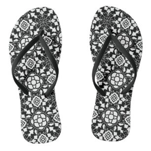 Floral Moroccan Tile, Black and White Thongs