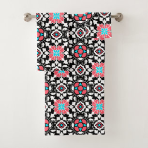 Floral Moroccan Tile, Black, White and Coral Pink Bath Towel Set