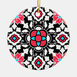 Floral Moroccan Tile, Black, White and Coral Pink Ceramic Ornament