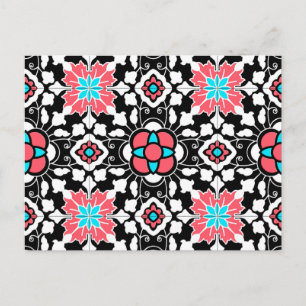 Floral Moroccan Tile, Black, White and Coral Pink Postcard