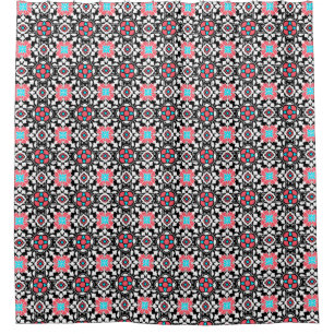 Floral Moroccan Tile,  Black, White and Coral Pink Shower Curtain