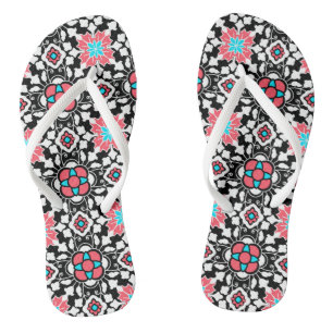Floral Moroccan Tile, Black, White and Coral Pink Thongs
