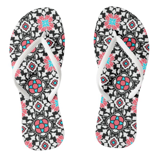 Floral Moroccan Tile, Black, White and Coral Pink Thongs (Footbed)