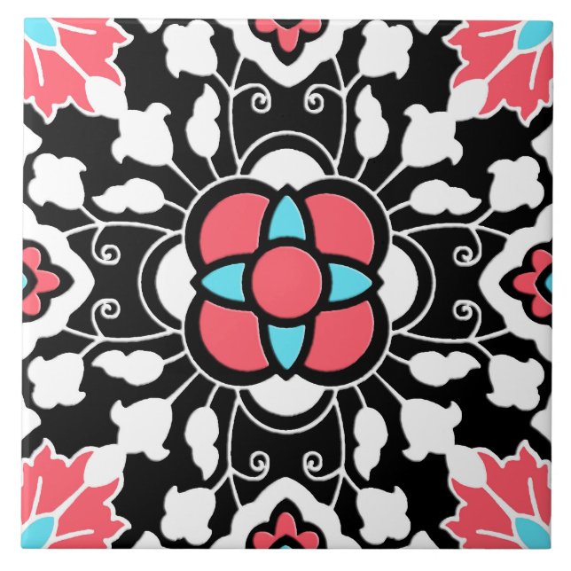 Floral Moroccan Tile, Black, White and Coral Pink Tile (Front)